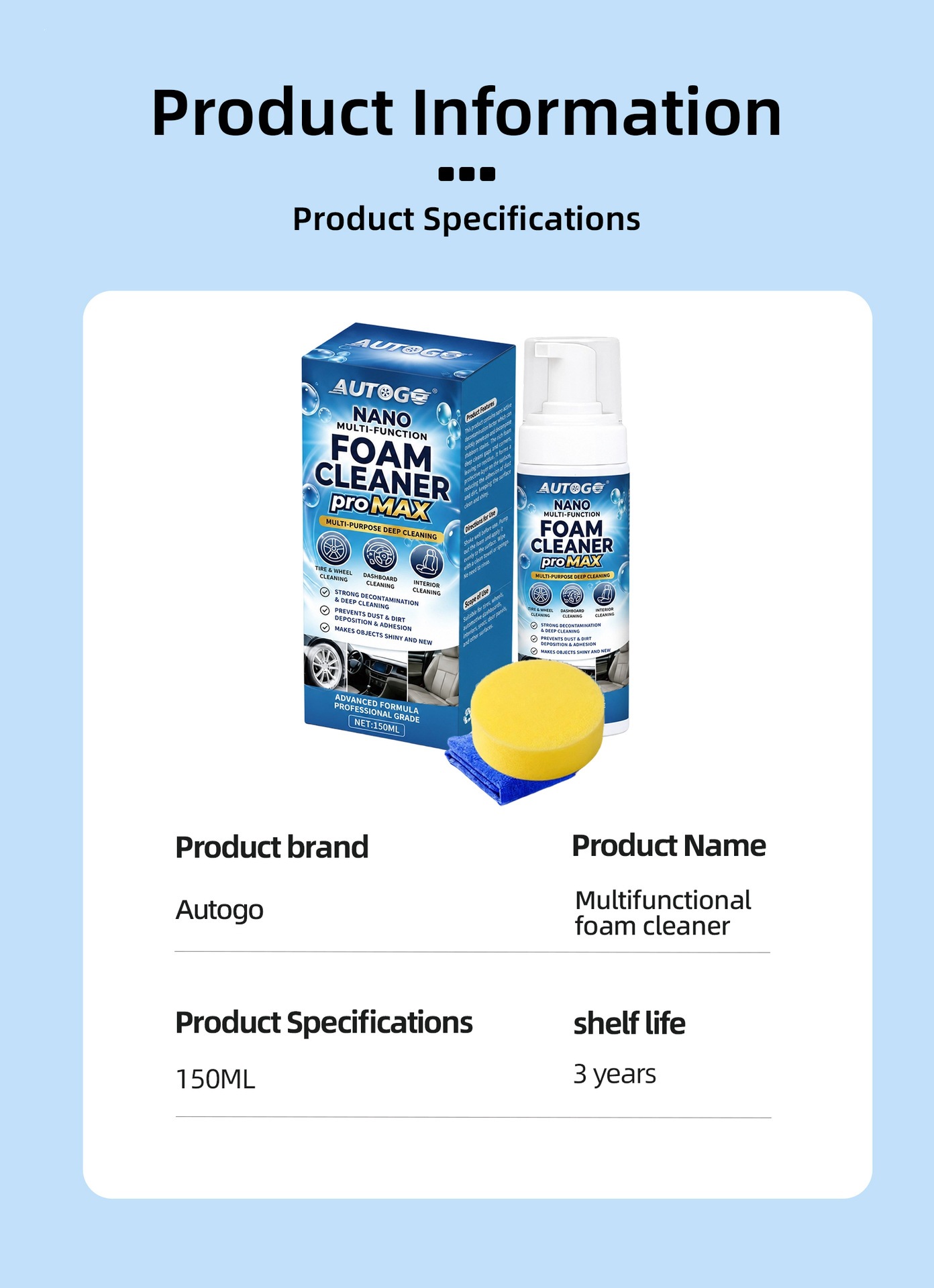 AUTOGO Multifunctional Foam Cleaner for car interior leather cleaning, stain removal, renovation, daily maintenance, and shine enhancement