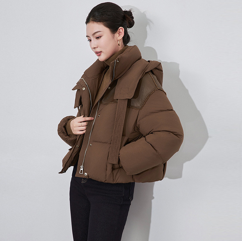 高奢90白鸭绒长短款羽绒服女2025新款加厚拼接PU设计感飘带面包服|undefined