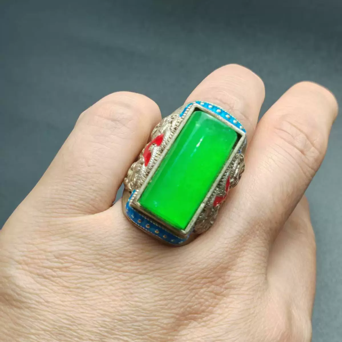 古玩翡翠仿古手工景泰蓝男士大戒指DIY饰品活口托