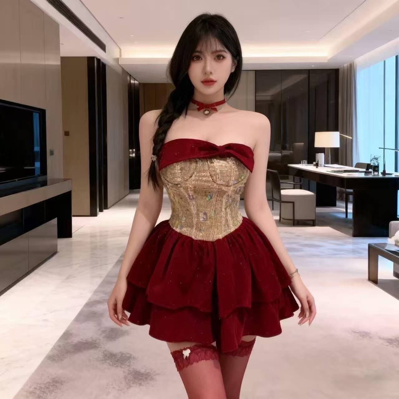 One-Shoulder French-Style Maid Costume Dress with Neck Ring, Waist-Cinching Puffy Mini Skirt — detail image 4