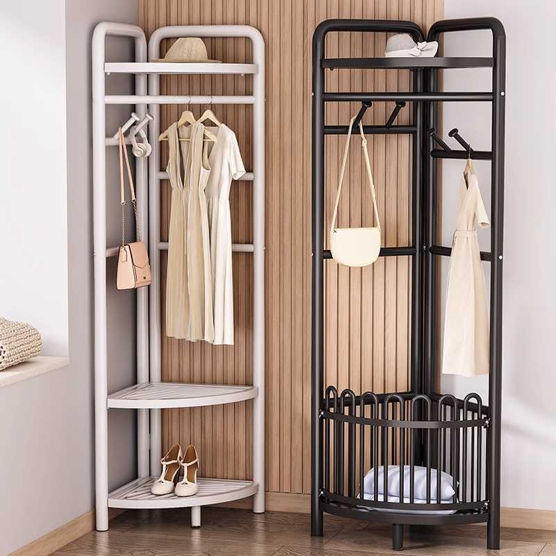 Corner Wardrobe Storage Rack for Clothes and Hats, Home Bedroom Corner Clothes Rack, Floor-Standing Carbon Steel Corner Drying Rack
