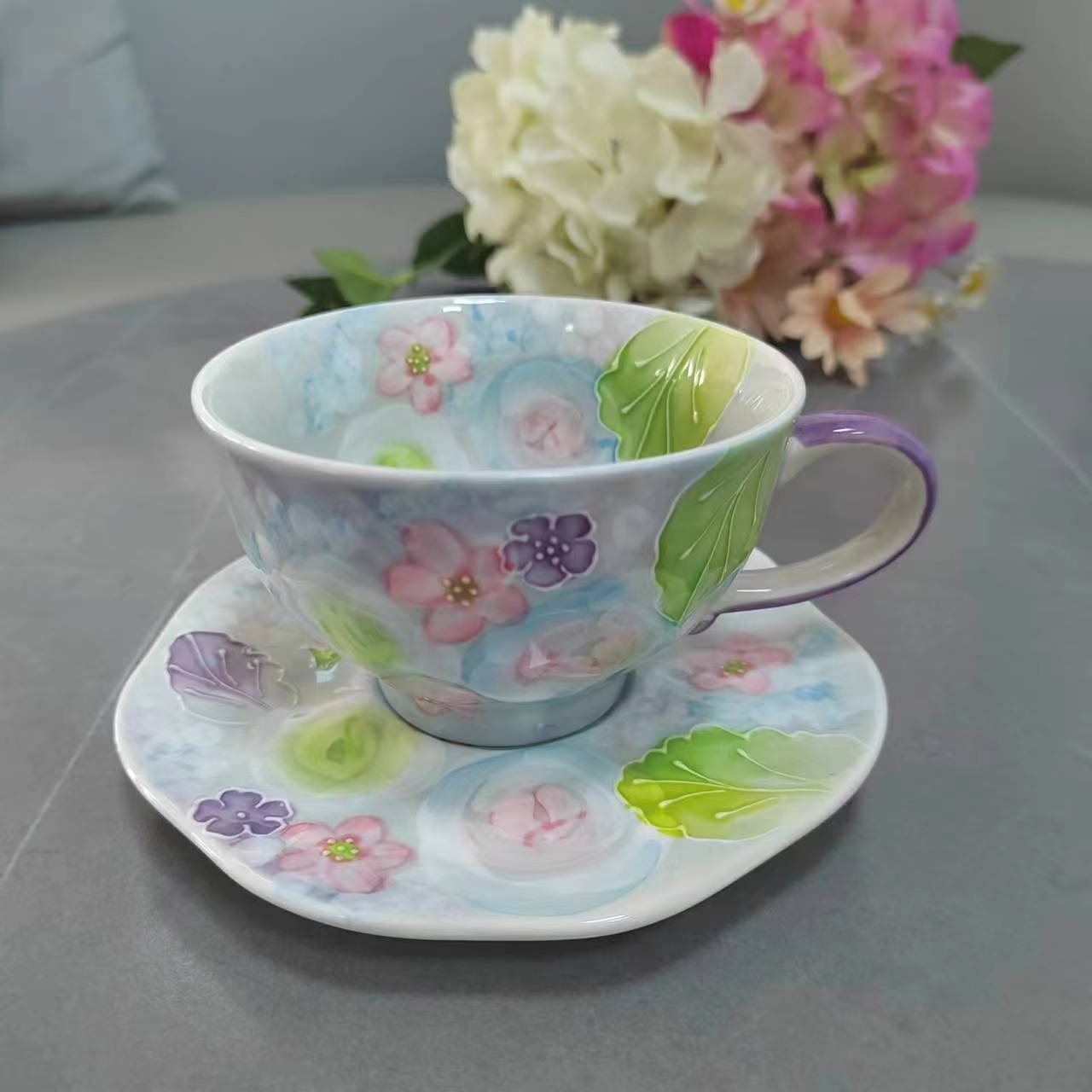 濑户烧手绘咖啡杯碟大容量日式杯子釉下彩繁花茶杯办公室情侣杯