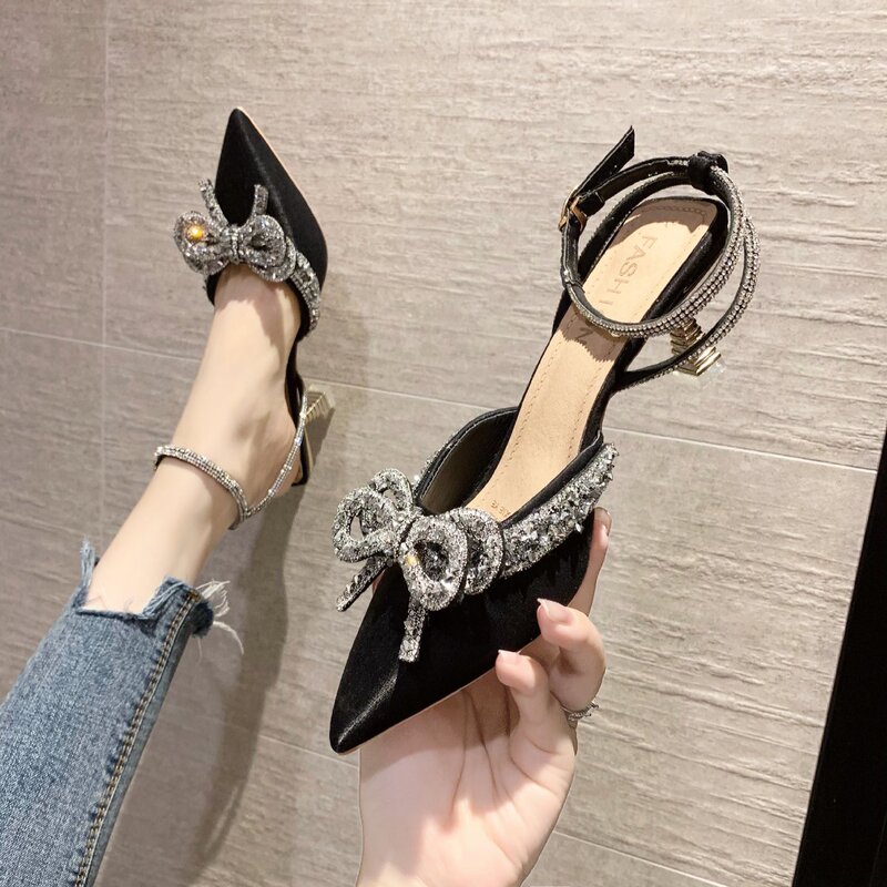 Rhinestone Bow Half Slippers Women Outer Wear Summer New High Heel Women's Shoes Thin Heel Fashion Baotou Strap Sandals