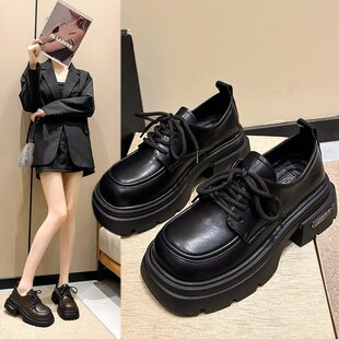 British Style Small Leather Shoes for Women 2025 Autum New Lace-Up Retro Versatile Small Thick-Soled Black Loafers
