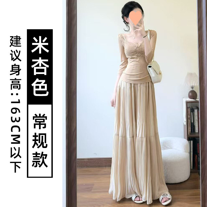 杏色雪纺半身裙女夏季新款高腰a字蓬蓬蛋糕裙设计感压褶仙女长裙|undefined
