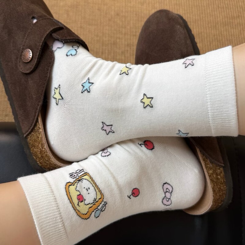 早秋款袜子女中筒袜可爱卡通猫咪星星日系ins潮学生双层百搭长袜|undefined