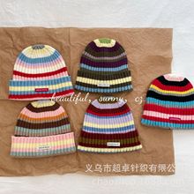 秋冬新品薄款毛线帽四季冷帽亲子彩虹条纹针织尖尖帽儿童混色毛线