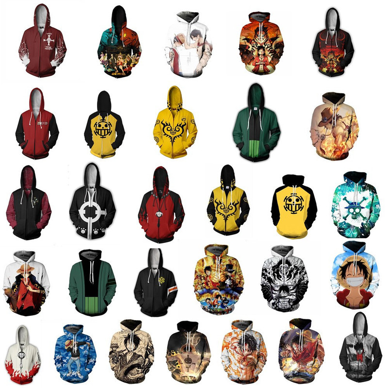 2025 New One Piece Animation Peripheral 3D Printed Zipper Cardigan Hooded Sweatshirt Jacket Men's Dropshipping