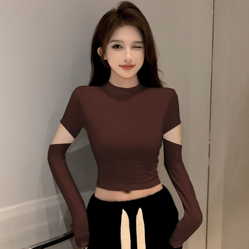 螺纹黑色半高领打底衫女春秋内搭针织短款长袖t恤破洞紧身上衣潮|undefined