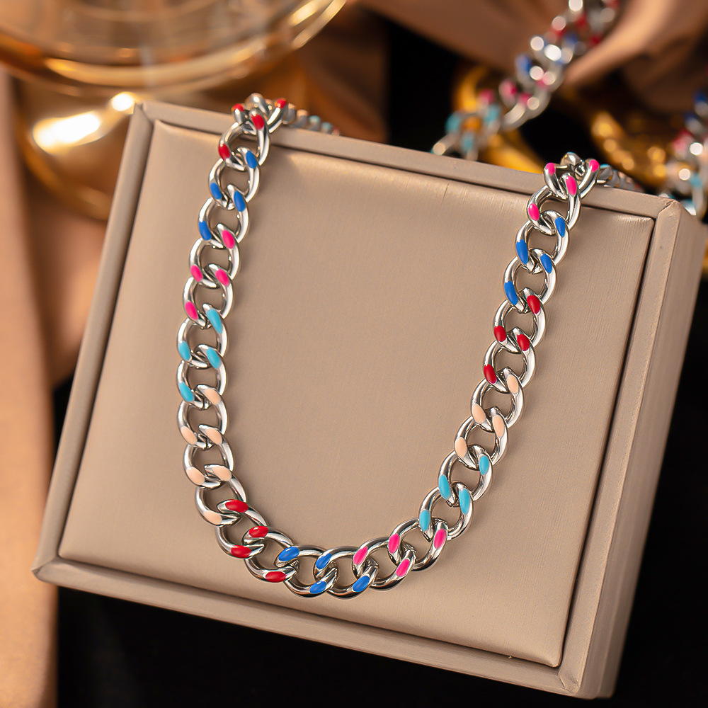 Fashion Color Block Titanium Steel Enamel Chain Jewelry Set 1 Piece display picture 3