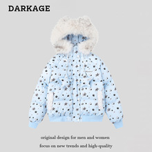 可爱耳朵满印狗爪星星毛领棉服外套女冬季宽松加厚保暖棉衣面包服