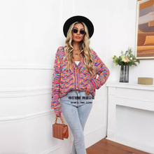 2025冬季新款彩虹间色节染短款开衫针织外套纽扣大码亚马逊外贸衫