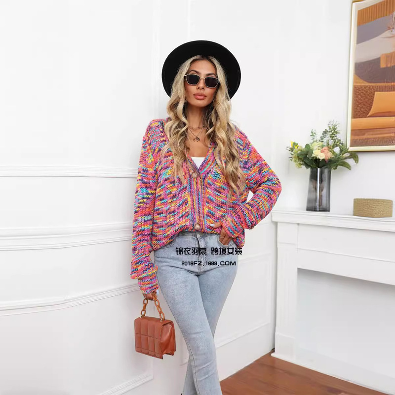 2026 Winter New Rainbow Color-Blocked Short Cardigan Knit Jacket with Buttons, Plus Size Amazon Export Shirt