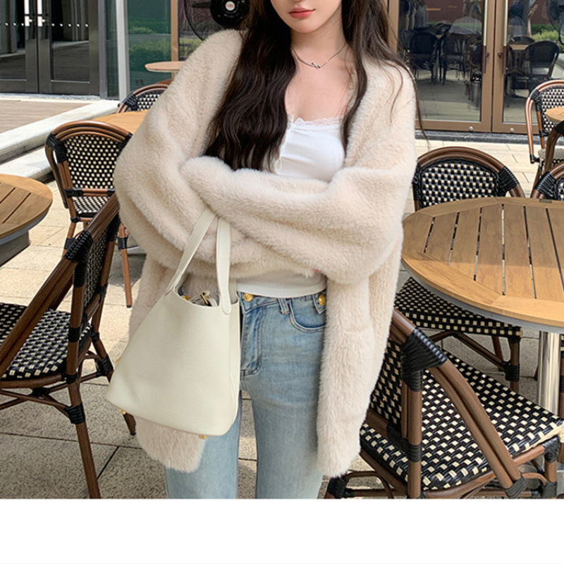 慵懒风仿水貂绒毛衣外套女秋冬日韩宽松大版口袋V领针织开衫女|undefined