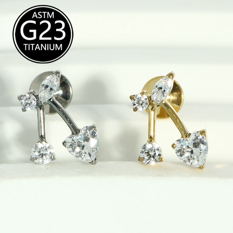 G23 Titanium Alloy Piercing Jewelry Cherry Zircon Pendant 1.2mm Internally Threaded Lip Labret Stud Earrings detail image 7