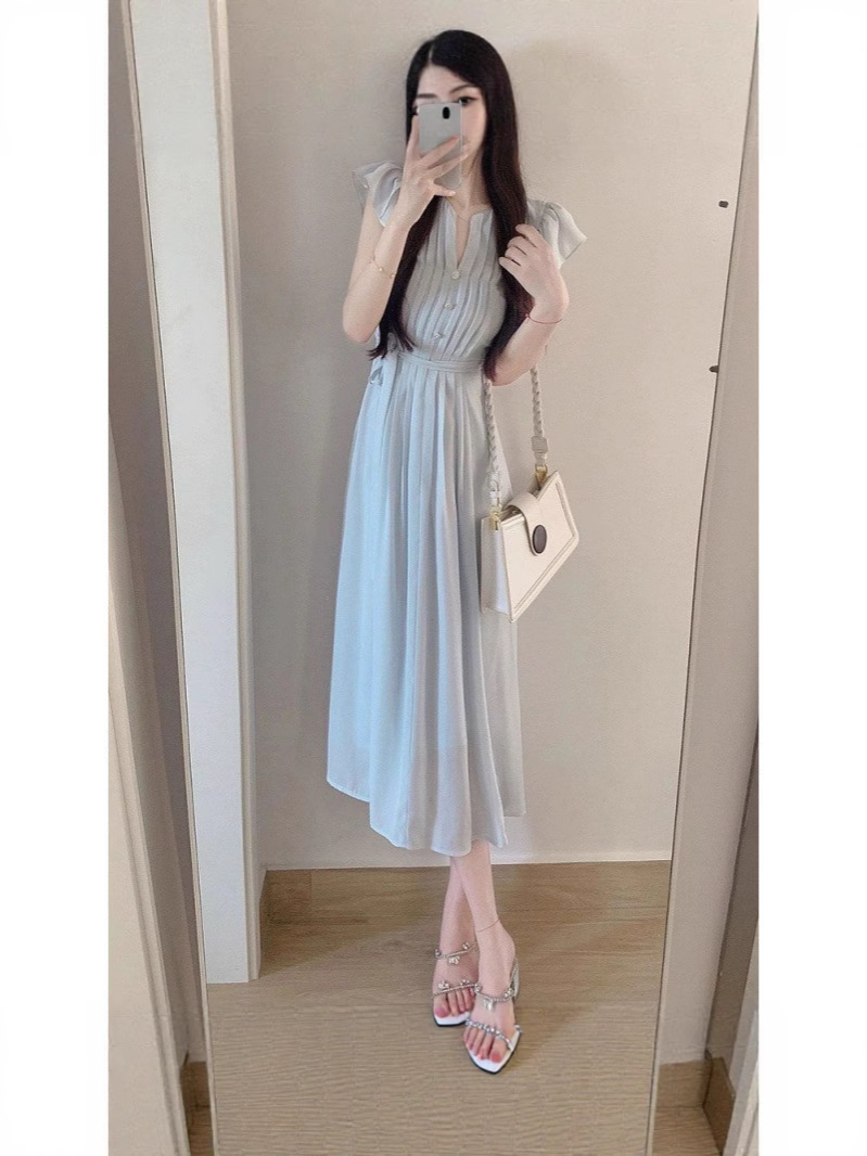 Đầm suông nữ tay bồng nhỏ ôm dáng mùa hè — màu xanh nhạt