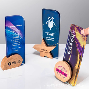 Crystal Trophy Five-Pointed Star Wooden Medal Company Annual Meeting Employee Champion Honor Award with Printed Creative Design