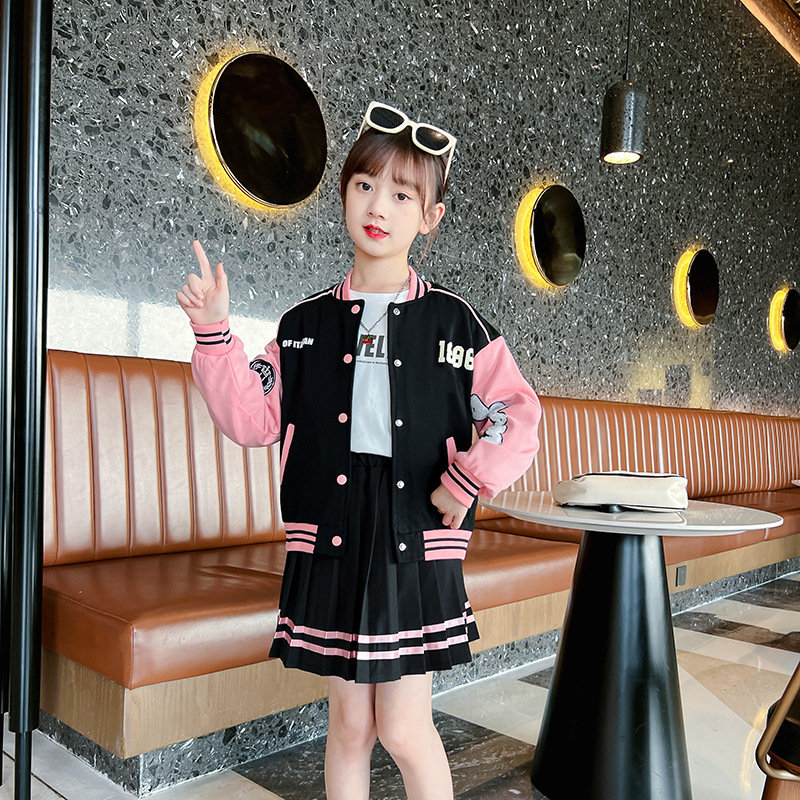 Set da ragazza Nuova tuta da baseball per bambini primaverili e autunnali Sport casual Gonna a pieghe alla moda in due pezzi JK uniforme_voghion.com