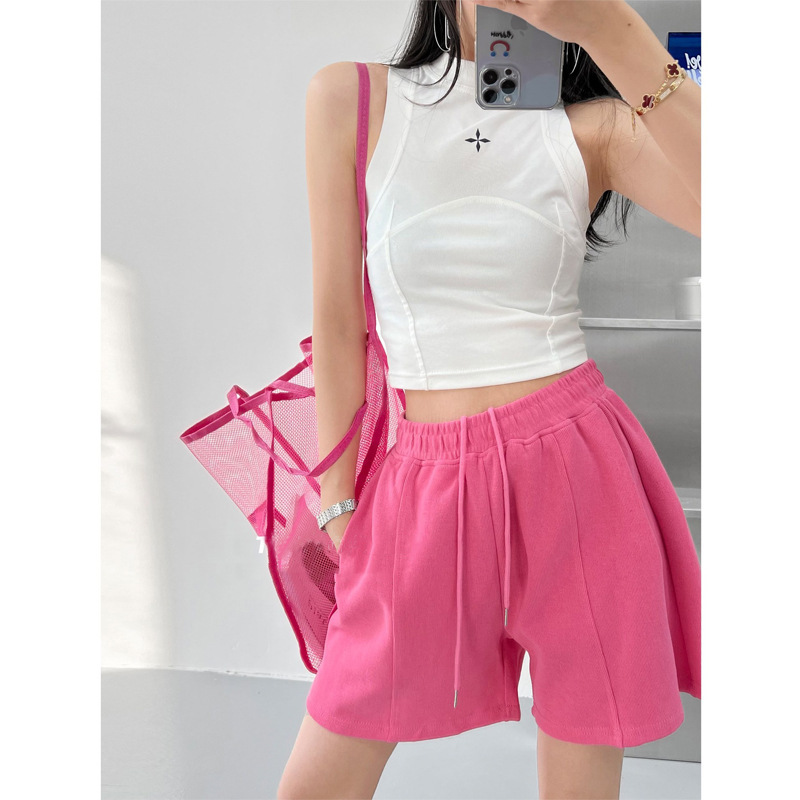 European and American street sweet rose red sports shorts women's loose 2023 thin elastic waist pleated mid-length pants