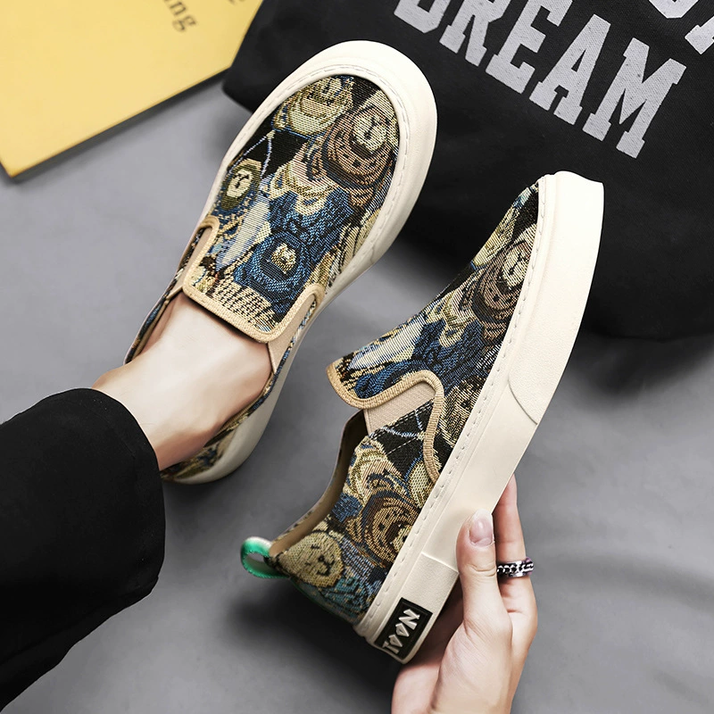 Трансграничная 2025 весенняя обувь для мужчин один педаль холст обувь ножки для вождения ленивая обувь повседневная нарисованная мужская обувь