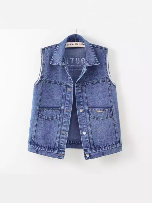 Denim Vest Women's Mid-Length Korean Style Spring & Fall New Loose Patch Embroidered Sleeveless Jacket Slim Cardigan Top