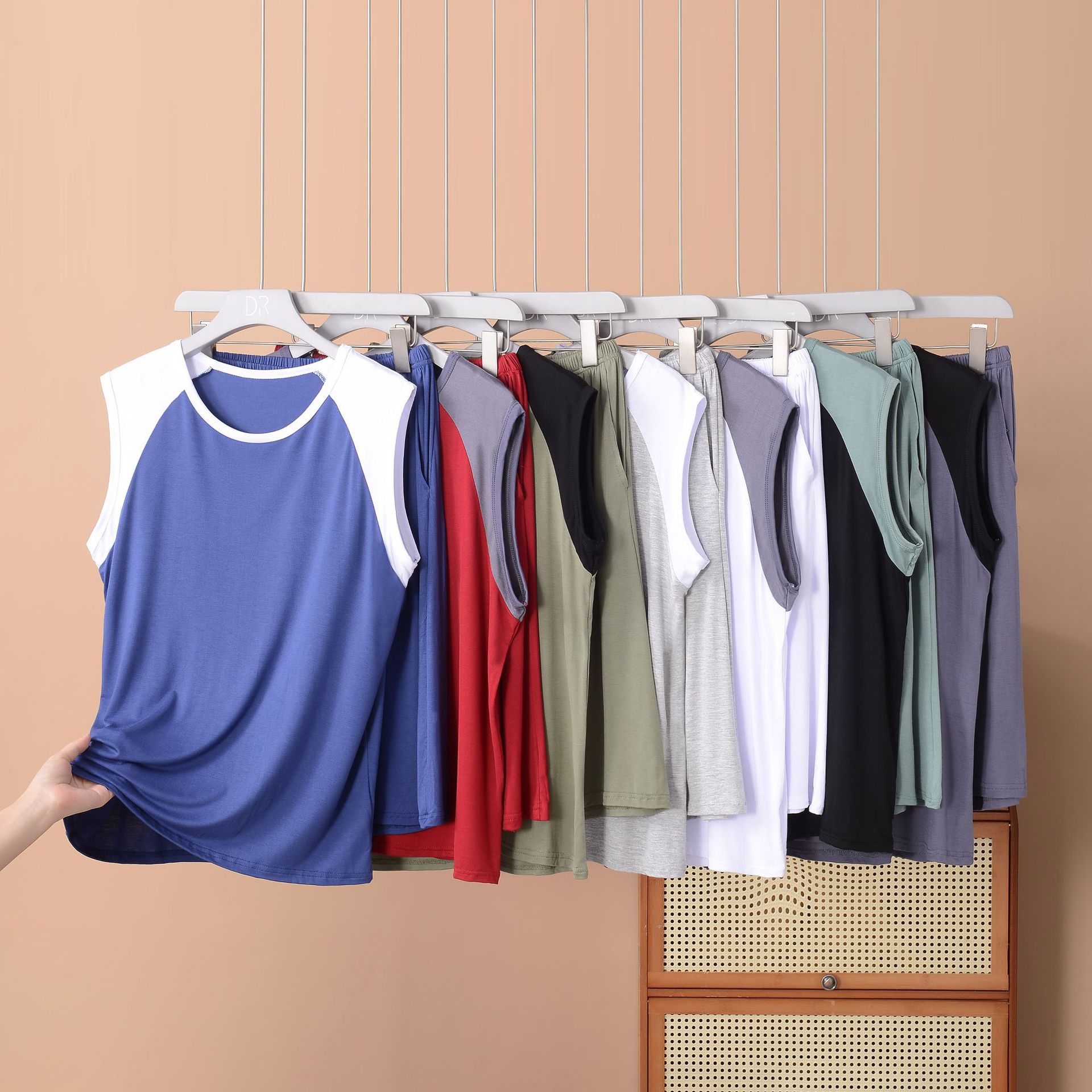 유코시 남성 컬러 블록 조끼 포켓 반바지 세트 여름 얇은 유행 간단한 플러스 사이즈 홈 옷