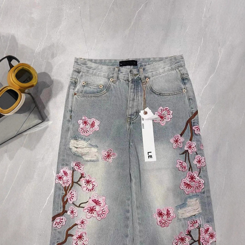 ヨーロッパとアメリカのクロスボーダーストリートゴシックスタイル桜刺繍ジーンズy2k男性と女性の同じスタイルのレトロファッションストレートパンツ|undefined