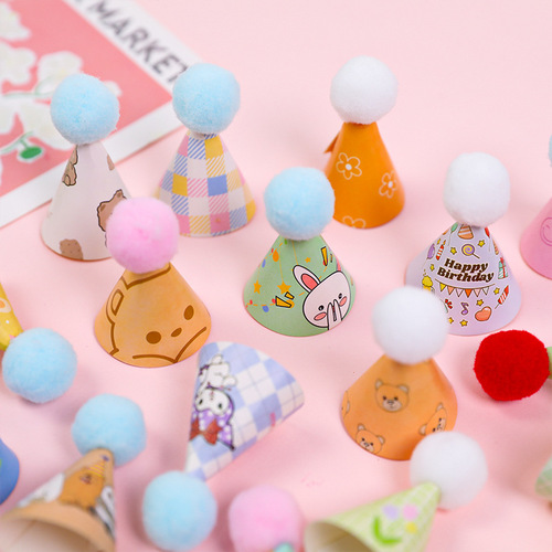 Mini Korean ins bear birthday hat cake decoration ornaments Cartoon cute smiling plush ball hat plug-in