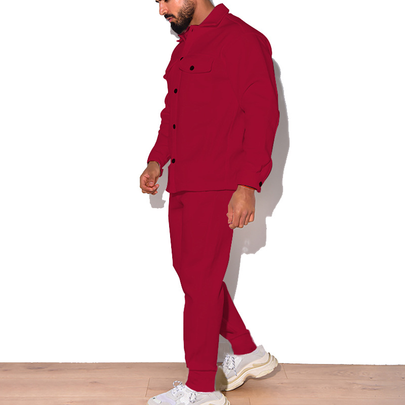 Îmbrăcăminte bărbătească 2024 costum de mărime mare la modă, tendință de toamnă pentru bărbați, jachetă casual din piele întoarsă cu nasturi, set de 2 piese_voghion.com