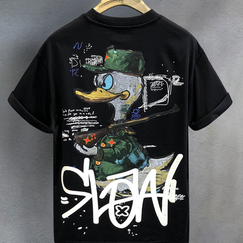 Cross-border American retro cartoon print short-sleeve t-shirt for men, loose drop shoulder five-sleeve high street fashion men's couple casual