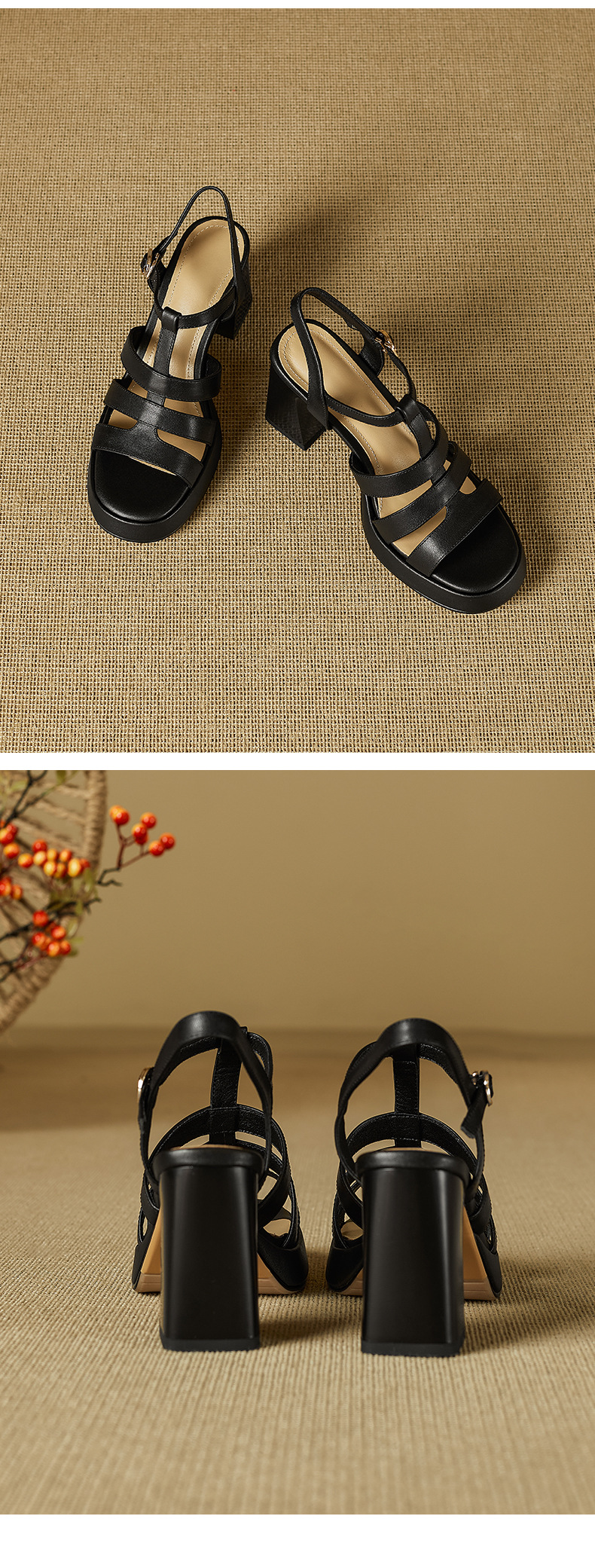 Sandal cao gót nữ quai chữ T kiểu La Mã gót dày 8.5 cm handmade — đen chi tiết 11