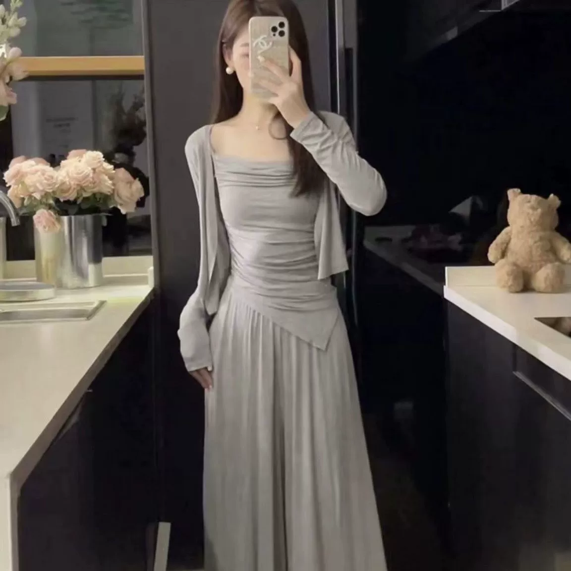 Женский повседневный костюм для ленивых, весенне-осенний новый стиль, асимметричный кардиган на подтяжках, брюки длиной до пола с высокой талией, утягивающий комплект из трех предметов