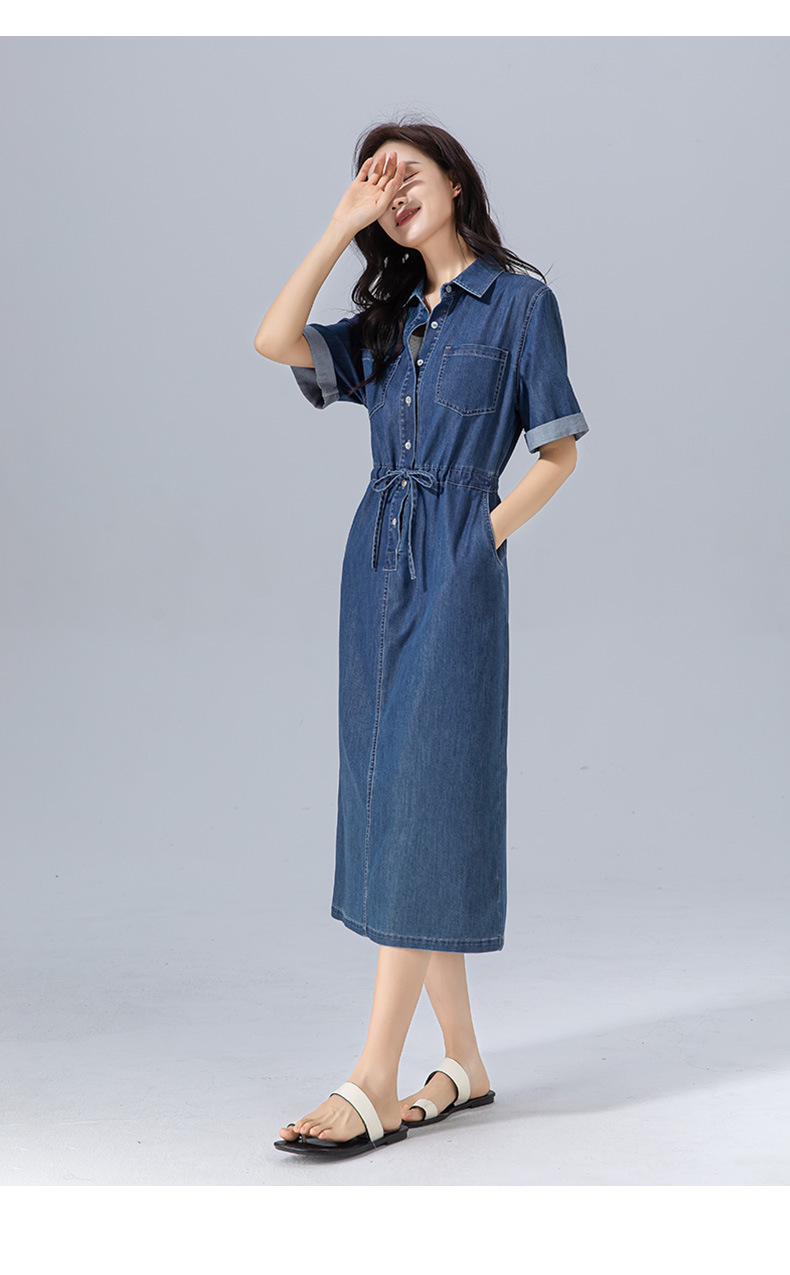 Váy liền dáng dài polo cotton thắt eo dây rút tay ngắn mùa hè — Màu xanh lam chi tiết 25