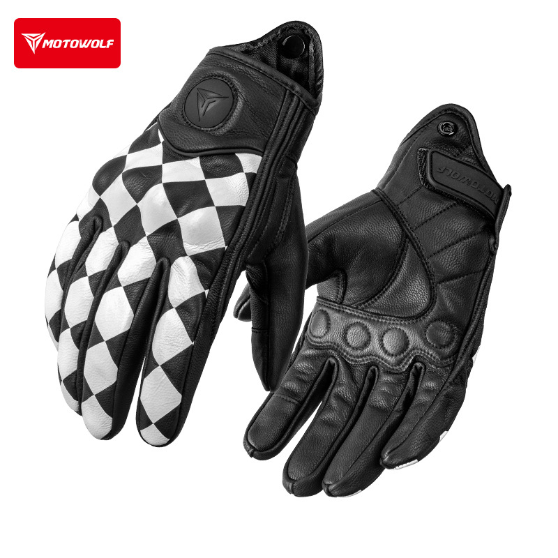 Guantes de cuero vintage para moto, perforados y transpirables, protección completa