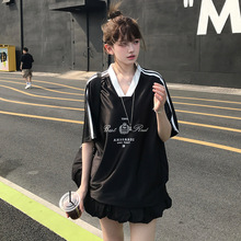 美式缎面机车运动风T恤短袖女夏季v领球衣篮球休闲宽松百搭上衣