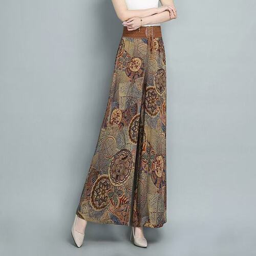 Summer new style wide-leg pants skirt casual fashionable high-waist stripe temperament elastic mom culottes printed pants