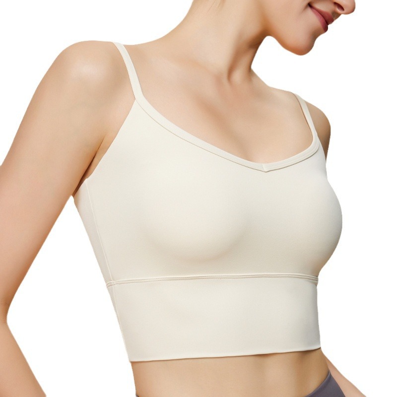 Nuevo sujetador deportivo con cuello en V y sensación de segunda piel, copas fijas, tirantes finos y sexys, top de yoga, control de abdomen, sujetador con soporte lateral para el busto.