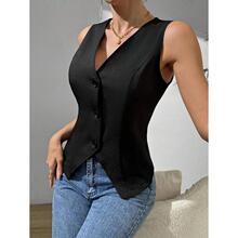 G 14333 Front Button V Hem Solid Back Tie Top ǰ�۰������