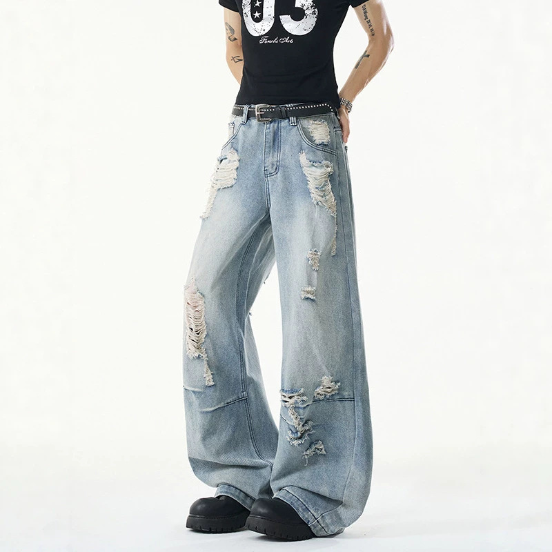 Wasteland Heavy Industry Ripped Denim Jeans for Men with a Punk Design, Distressed and Washed, Loose Straight-Leg Pants