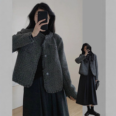 时髦小香风奶灰流苏边短外套女秋季气质简约短款宽松长袖毛呢上衣