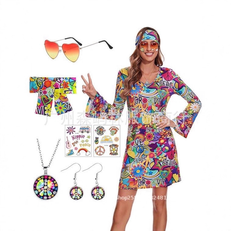 European and American Cross-Border New Halloween Dress 70S and 80S Hippie Peace Performance Letter Costume
