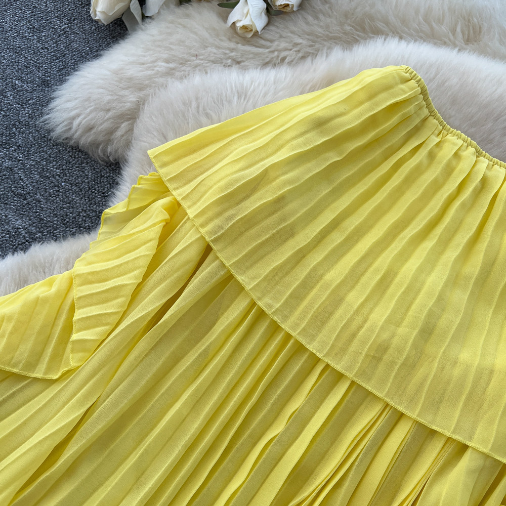 Yellow Strapless Sleeveless Long Dress Ruffled Halter Neck Design Loose Fit French Style Summery Feel Women's Clothing_ecoleips.com