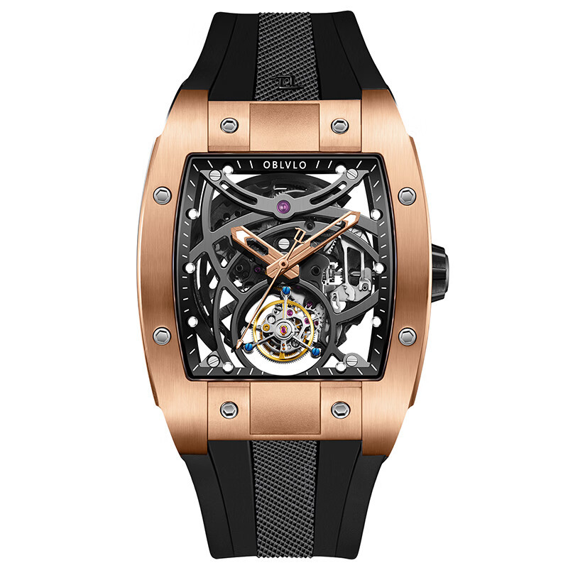 OBLVLO Opel Barrel Automatic Tourbillon Mechanical Red Carbon Fiber Luminous Luxury Watch Men