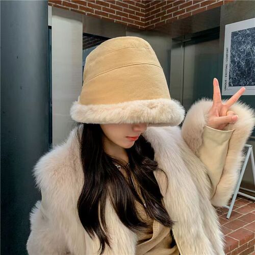 Women's winter and autumn unisex versatile lined cashmere fisherman hat casual wide brim warm plush bucket hat