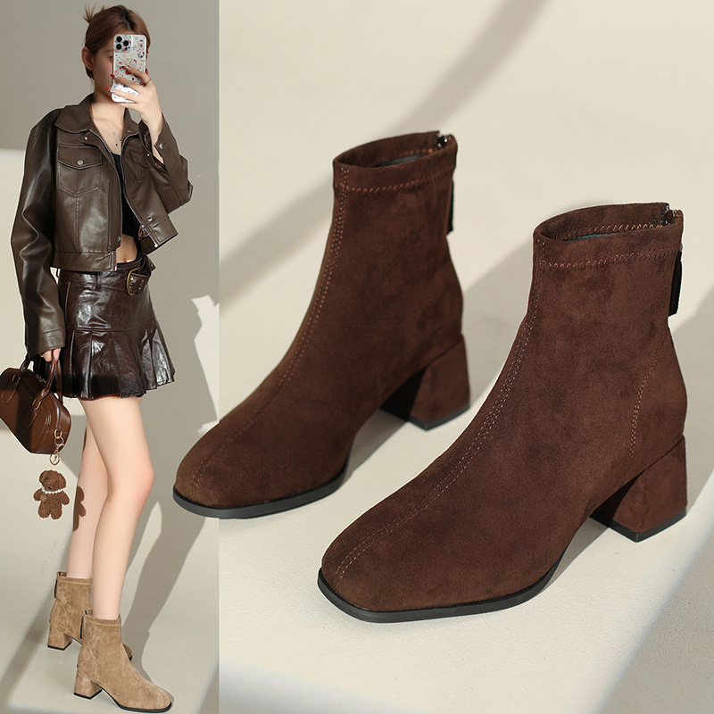 Plus Size Women's Shoes 41-43 Thick Heel Square Toe Slim Short Boots Women's Autumn and Winter Korean Style Ankle Boots Boots