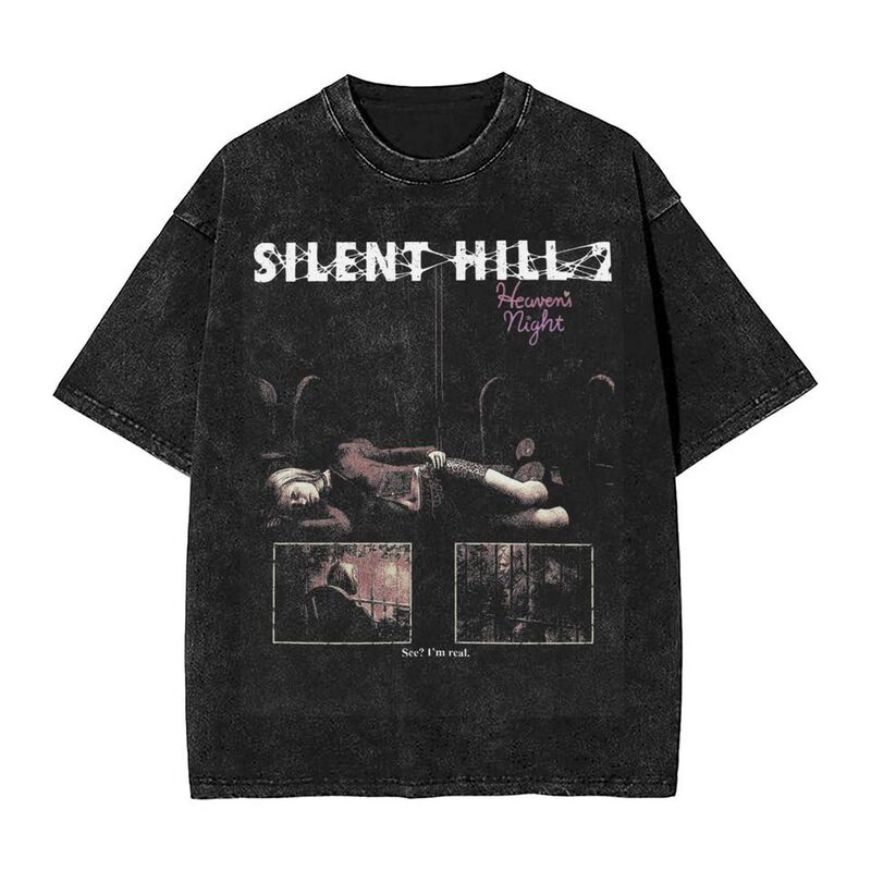 Washed T-Shirt Horror Silent Mountain Paradise Night Hip Hop T-Shirt Streetwear Short Sleeve Printed Top T-Shirt