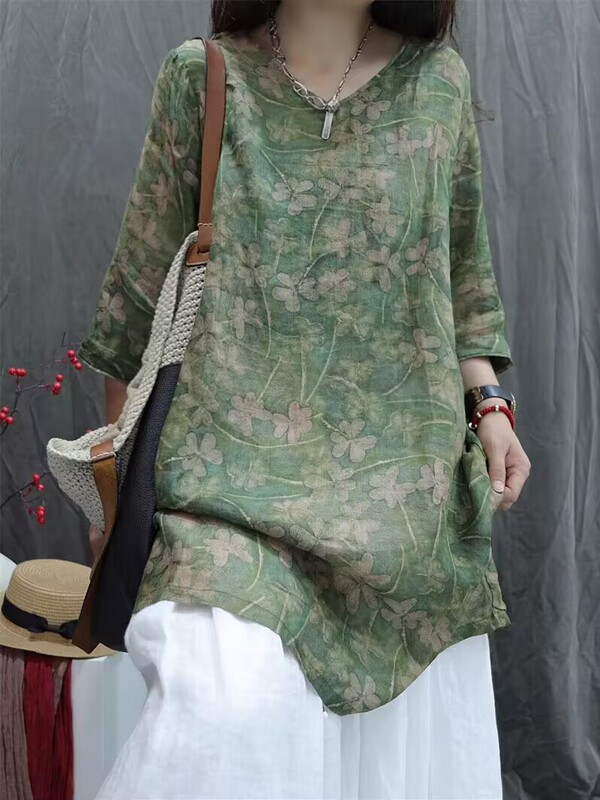 Summer New Retro Ramie Printed V-Neck Mid-Sleeve Shirt Dress Loose Fit Mid-Length Casual Top Summer New Retro Ramie Printed V-Neck Mid-Sleeve Shirt Dress Loose Fit Mid-Length Casual Top
