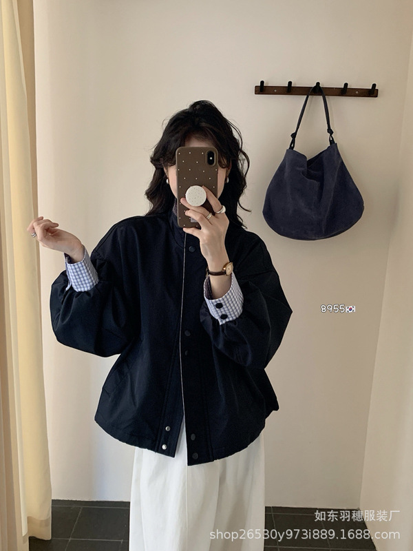 设计感韩版宽松立领夹克上衣女秋季慵懒风复古撞色格子短外套R74|undefined