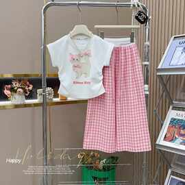 女童夏装套装2026新款夏季儿童韩版休闲格子短袖薄款宝宝洋气两件