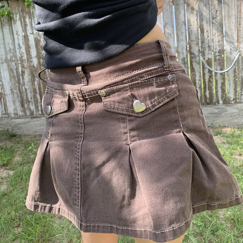 falda plisada casual de mezclilla de cintura alta marrón retro NSSSN120077